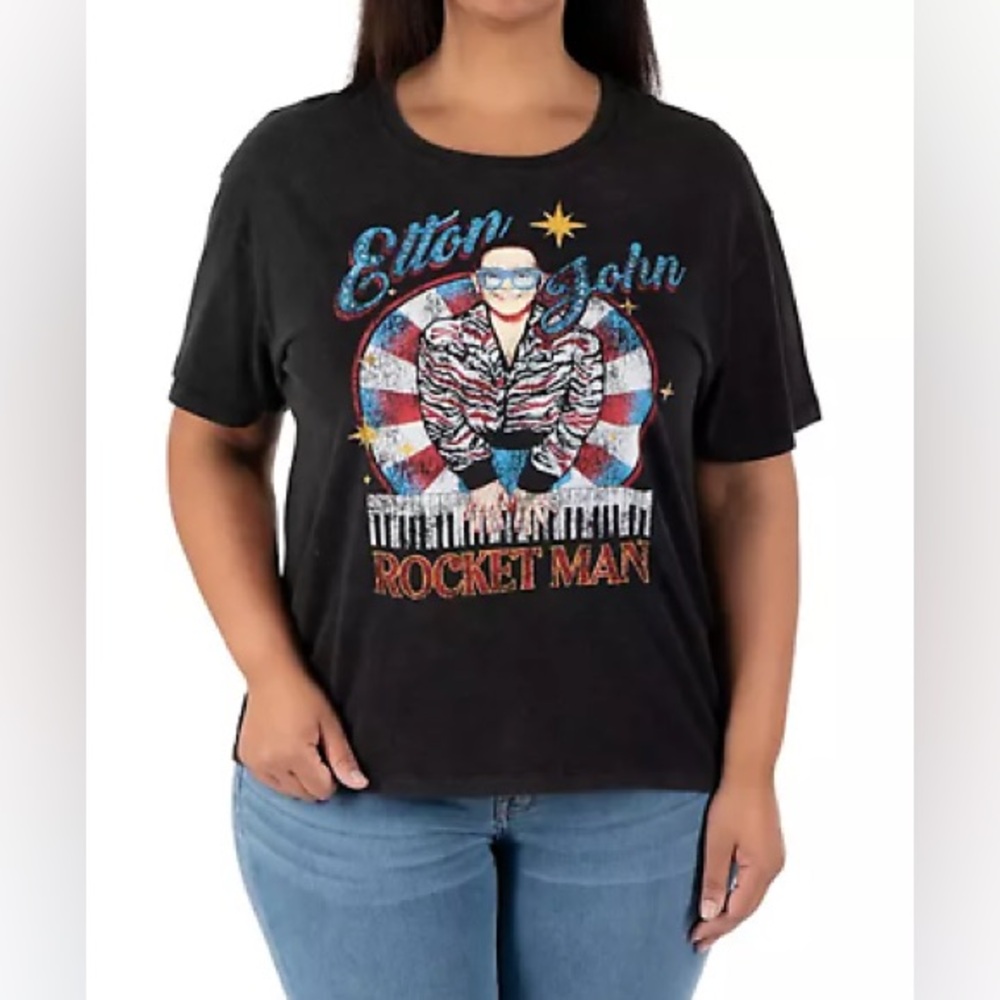 Elton John Rocket Man Graphic Band Tee Charcoal Black NWT Sizes S